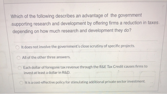 Which of the following describes an advantage of the government supporting research and development by offering firms a reduc