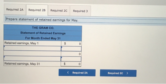 Required 2A Required 2B Required 2C Required 3 Prepare statement of retained earnings for May. THE GRAM CO. Statement of Reta