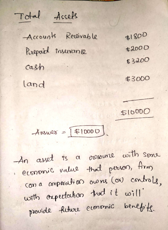 Total Assets $1800 Accounts Receivable Purepaid insurance cash $2000 $3200 $3000 land $10000 Answes = [ $10000] An asset is a