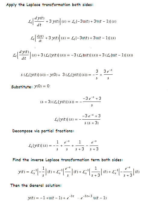 Apply the Laplace transformation both sides d yit) d t Lt d yit) dt (til (s))=--+ Substitute: Y(00 s (s 3) Decompose via part
