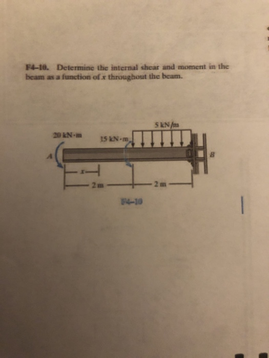 F4-10. Determine the internal shear and moment in the beam as a function of x throughout the beam. 5 kN/m 20 kN. 15 kN.