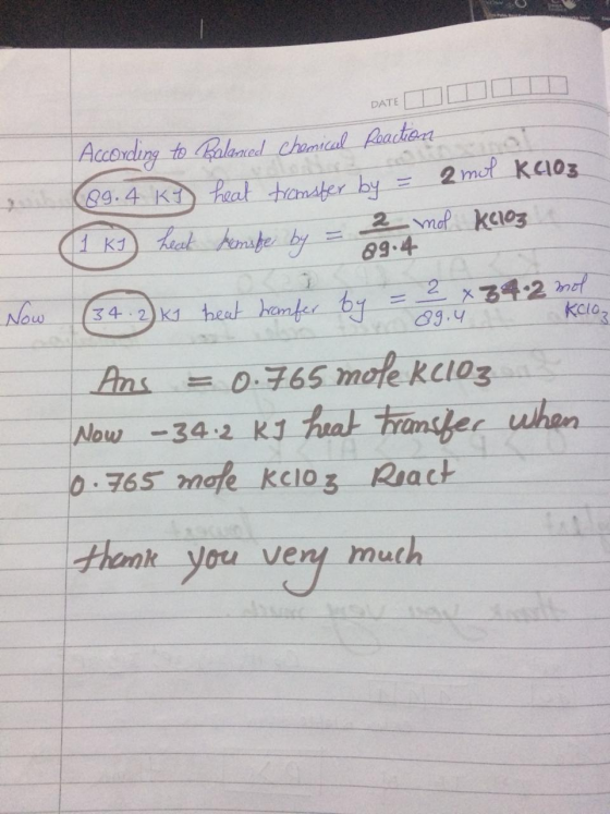 DATE According to Ralaacd Chemical Paactet 04.4 K heal tamater by iinal 2 mot Kelo3 2mod kelog 89.4 1 K eat hemste by 34-2 mo