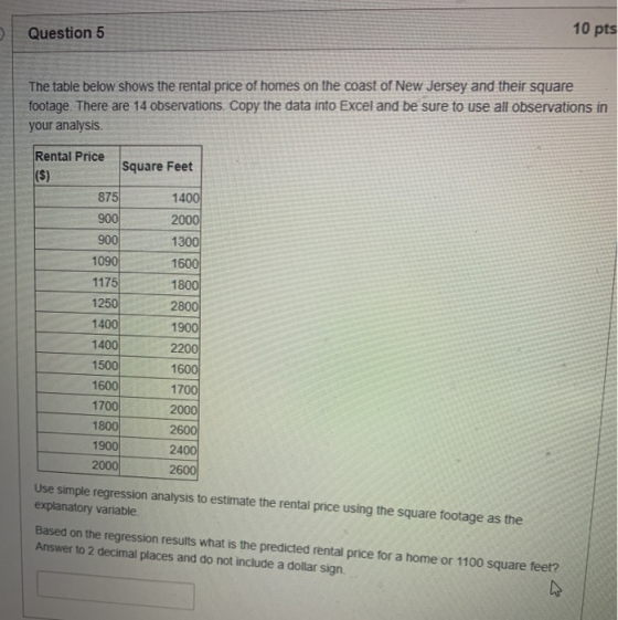 Question 5 10 pts The table below shows the rental price of homes on the coast of New Jersey and their square footage. There