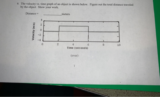 6. The velocity vs. time graph of an object is shown below. Figure out the total distance traveled by the object. Show your work. Distance- meters 0 0 2 6 Time (seconds) 8 10 (over)
