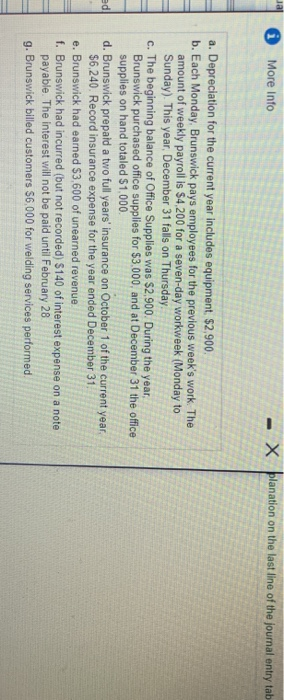 jaj More info - X planation on the last line of the journal entry tab a. Depreciation for the current year includes equipment