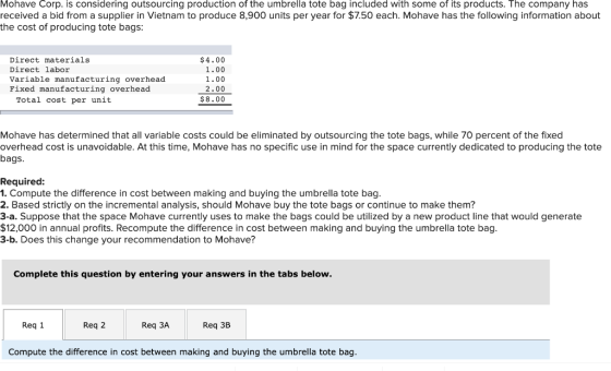 Mohave Corp. is considering outsourcing production of the umbrella tote bag included with some of its products. The company h