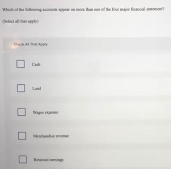 Which of the following accounts appear on more than one of the four major financial statement? (Select all that apply) Check