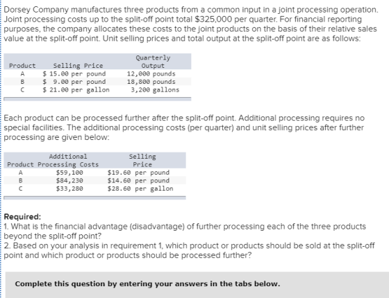 Dorsey Company manufactures three products from a common input in a joint processing operation. Joint processing costs up to