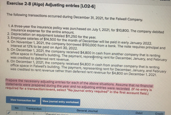 Exercise 2-8 (Algo) Adjusting entries (LO2-6) The following transactions occurred during December 31, 2021, for the Falwell C