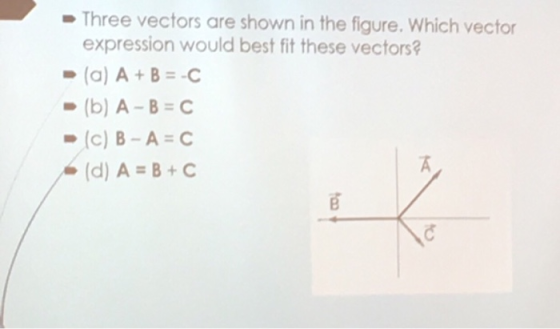 Three vectors are shown in the figure. Which vector expression would best fit these vectors? (a) A+B=-C (b) A-B=C (c) B-A=C A