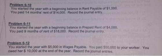 Problem 6-10 You started the year with a beginning balance in Rent Payable of $1,000. You paid 14 months rent of $14,000. Re