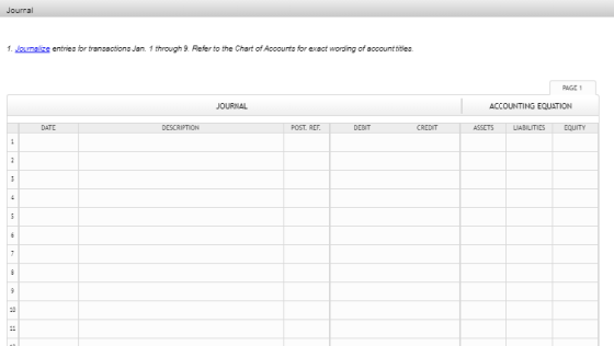 Jourral 1. Joumalize entries for transactions Jan. 1 through 9. Refer to the Chart of Accounts for exact wording of account t