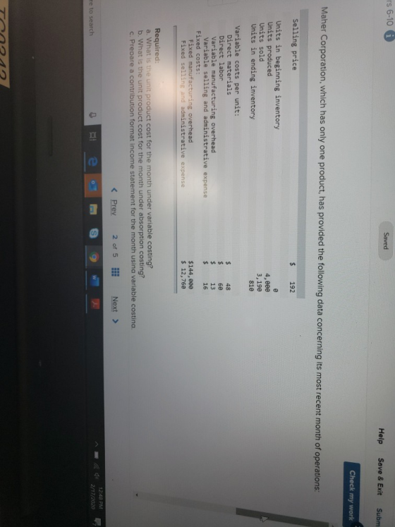 rs 6-10 Saved Help Save & Exit Subm Check my work Maher Corporation, which has only one product, has provided the following d