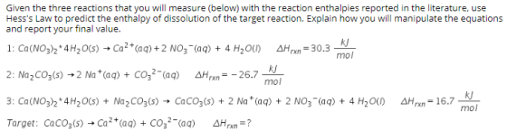 Given the three reactions that you will measure (below) with the reaction enthalpies reported in the literature, use Hesss L