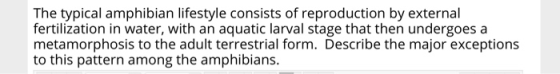 The typical amphibian lifestyle consists of reproduction by external fertilization in water, with an aquatic larval stage tha