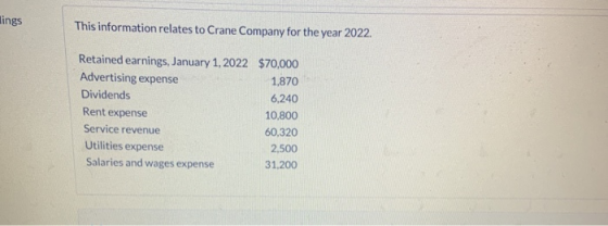 lings This information relates to Crane Company for the year 2022 Retained earnings, January 1, 2022 $70,000 Advertising expe
