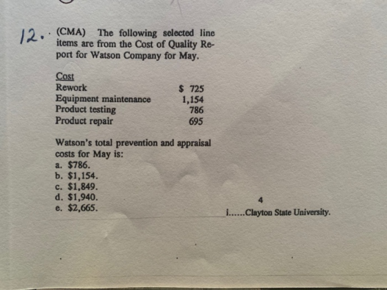 12. (CMA) The following selected line items are from the Cost of Quality Re- port for Watson Company for May. Cost Rework Equ