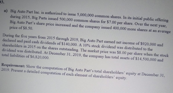 3. a) Big Auto Part Inc. is authorized to issue 5,000,000 common shares. In its initial public offering during 2015, Big Part