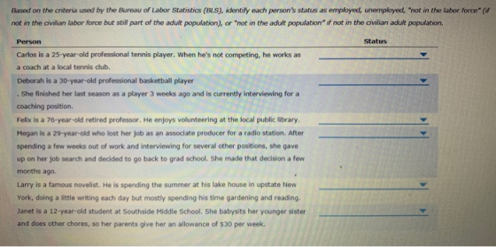 Based on the criteria used by the Bureau of Labor Statistics (BLS), identify each persons status as employed, unemployed, n