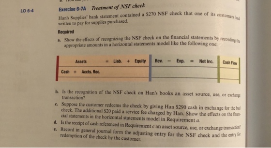 Exercise 6-7A Treatment of NSF check Hans Supplies bank statement contained a $270 NSF check that one of its LO 6-4 written to pay for supplies purchased. Required a. Show the effects of recognizing the NSF check on the financial statements by recordin g the one: appropriate amounts in a horizontal statements model like the following Assets = Liab. + Equity Rev. - Exp. Net Inc. Cash Flow Cash +Accts. Rec. b. Is the recognition of the NSF check on Hans books an asset source, use, or exchang transaction? c. Suppose the customer redeems the check by giving Han $290 cash in exchange for the tud check. The additional S20 paid a service fee charged by Han. Show the effects on the finat cial statements in the horizontal statements model in Requirement a d. Is the receipt of cash referenced in Requirement c an asset source, use, or exchange transacho e. Record in general journal form the adjusting entry for the NSF check and the entry li redemption of the check by the customer.