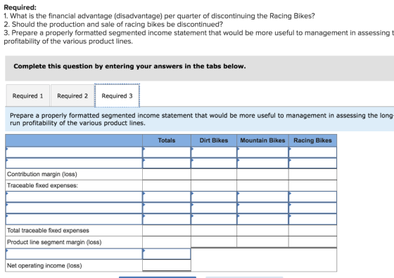 Required: 1. What is the financial advantage (disadvantage) per quarter of discontinuing the Racing Bikes? 2. Should the prod