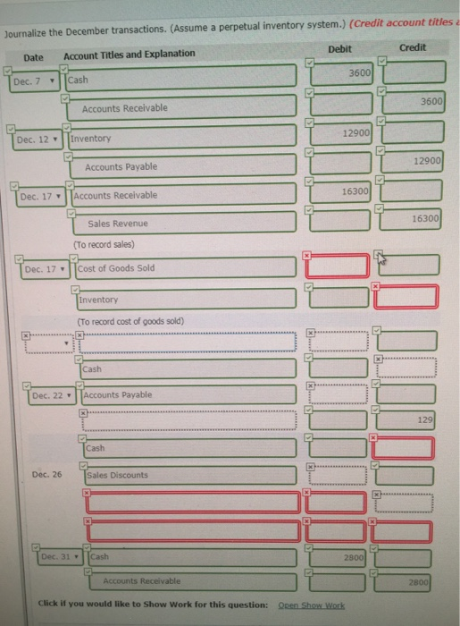 Journalize the December transactions. (Assume a perpetual inventory system.) (Credit account titles Date Account Titles and E