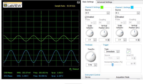 Basic Settings Advanced Settings LabVIEW Sample Rate: 50.00 S/S Channel 1 Settings Source Al 1 Channel O Settings Source ATO