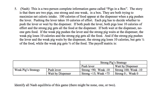 5. (Nash) This is a two-person complete information game called Pigs in a Box. The story is that there are two pigs, one strong and one weak, in a box. They are both trying to maximize net caloric intake. 100 calories of food appear at the dispenser when a pig pushes the lever. Pushing the lever takes 10 calories of effort. Each pig has to decide whether to push the lever or wait by the dispenser. If both push the lever, both pigs lose 10 calories of effort and the strong pig gets all the food at the dispenser. If both wait at the dispenser, no- one gets food. If the weak pig pushes the lever and the strong pig waits at the dispenser, the weak pig loses 10 calories and the strong pig gets all the food. And if the strong pig pushe:s the lever and the weak pig waits by the dispenser, the strong pig loses 10 calories, but gets 4 of the food, while the weak pig get5% of the food. The payoff matrix is: Strong Pigs Strategy Wait by Dispenser Strong 100: Weak -10 Weak Pigs Strategy Push lever Wait by Dispenser Strong +90: Weak -10 Strong +15: Weak +75 | Strong 0: Weak 0 Identify all Nash equilibria of this game (there might be none, one, or two).