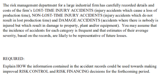 The risk management department for a large industrial firm has carefully recorded details and costs of the firms LOST-TIME INJURY ACCIDENTS (injury accidents which cause a loss of production time), NON-LOST-TIME INJURY ACCIDENTS (injury accidents which do not result in lost production time) and DAMAGE ACCIDENTS (accidents where there is nobody is injured but which result in damage to property, plant and/or equipment). You may assume that the incidence of accidents for each category is frequent and that estimates of their average severity, based on the records, are likely to be representative of future losses REQUIRED: Explain HOW the information contained in the accident records could be used towards making improved RISK CONTROL and RISK FINANCING decisions for the forthcoming period
