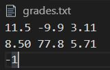 grades.txt 11.5 -9.9 3.11 8.50 77.8 5.71 -1
