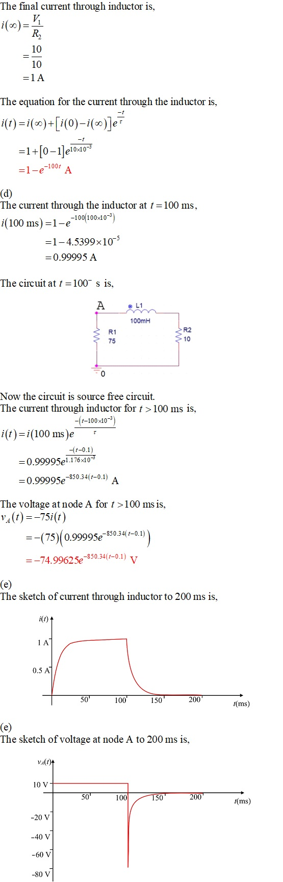 The final current through inductor is, i(6)= 10 =1 A The equation for the current through the inductor is, i(t)=i()+[i(0)-1(m