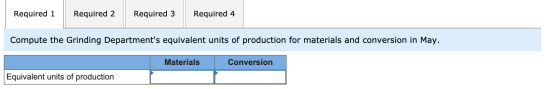 Required 1 Required 2 Required 3 Required 4 Compute the Grinding Departments equivalent units of production for materials an