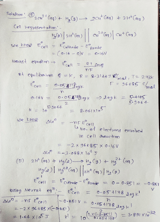 olafton! ©2cu?+ (aq) + Hals) gcut (aq) + 2H(aq) Cell representation Wy(3)| 2H(as) Cu2+(aq) cut Cao) we know Ecell - Ecathode