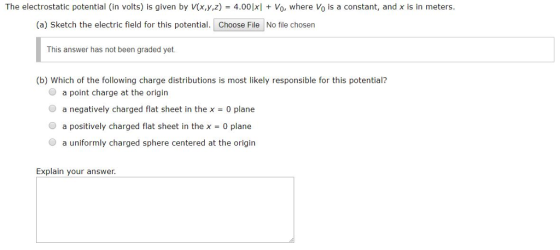 The electrostatic potential (in volts) is given by Vx,y,z) 4.00 x Vo, where Vo is a constant, and x is in meters (a) Sketch the electric field for this potential. Choose File No file chosen This answer has not been graded yet. (b) Which of the following charge distributions is most likely responsible for this potential? O a point charge at the origin O a negatively charged flat sheet in the x0 plane O a positively charged flat sheet in the x 0 plane O a uniformly charged sphere centered at the origin Explain your answer.