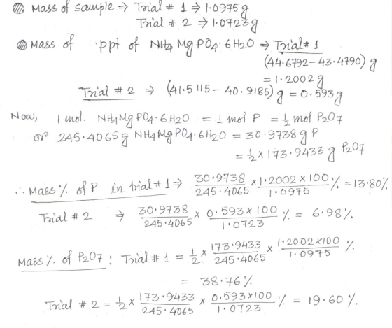 mass of sample = Trial # 1 + 1.09759 - Trial # 2 ²1.0723 g . Mass of ppt of NHA Mq POA 6H₂O & Trial # 1 (446792 - 43.4790) a