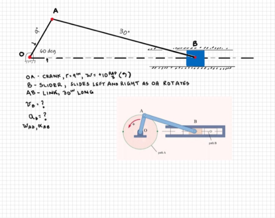 30* 60 deg OA. CRANK, roq, W: +10 RAO (9) B - SLIDER SLIDES LEFT AND RIGHT AS OA ROTATES AB-LINK, 30W LONG Vo? ao? Mee , A6