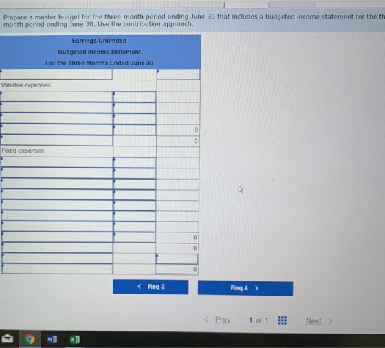 Prepare a master budget for the three-month period ending June 30 that includes a budgeted income statement for the th month