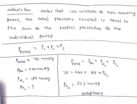 paltons law states that ina mixture of non-reacting gases, the total pressure exerted is equal to the sum of the partial pre