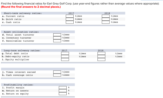 Find the following financial ratios for Earl Grey Golf Corp. (use year-end figures rather than average values where appropria