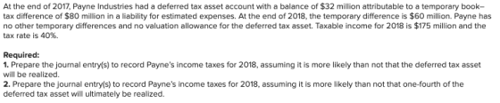 At the end of 2017, Payne Industries had a deferred tax asset account with a balance of $32 million attributable to a tempora