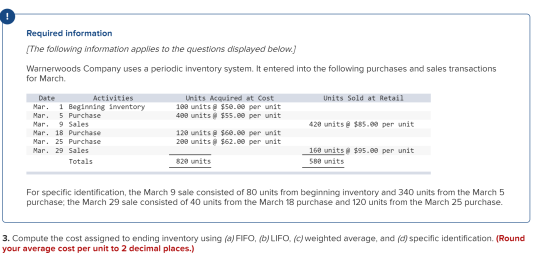 Required information [The following information applies to the questions displayed below.] Warnerwoods Company uses a periodi