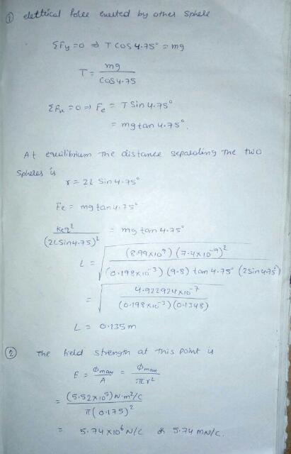 Cos 4.as At eualibrium The dis tarte gepaulin ל The two Sphales ts 4.92292나시6 (8 19 ) (o1343) The keld stength at this Pont u LTL