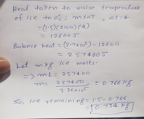 Heat taken to raise temperature of ice to 0°c=msat , GT=4 =(1,5)(2/60)(4) = 12600J Balance heat = (2.78105) - 12600 = 257400J