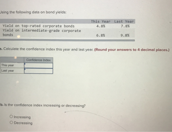 Using the following data on bond yields: This Year Last Year 4.8% 7.8% Yield on top-rated corporate bonds Yield on intermedia