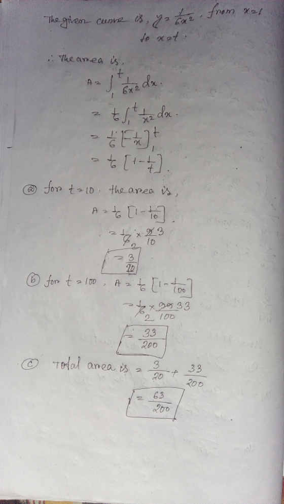 The girem came is, a te from xal to net. . The area is, + Az I one da. tost 42 da. > Et to [4-7]. @ for t=10 the area is A226