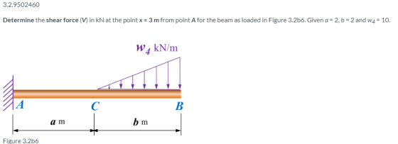 3.2.9502460 Determine the shear force (V) in kN at the point x = 3 m from point A for the beam as loaded in Figure 3.2b6. Giv