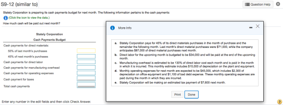 :3 Question Help S9-12 (similar to) Stately Corporation is preparing its cash payments budget for next month. The following i