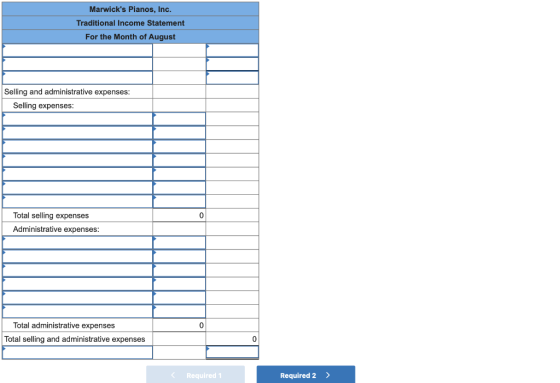 Marwicks Pianos, Inc. Traditional Income Statement For the Month of August Selling and administrative expenses: Selling expe
