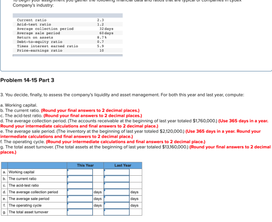 Companys industry: Current ratio Acid-test ratio Average collection period Average sale period Return on assets Debt-to-equi