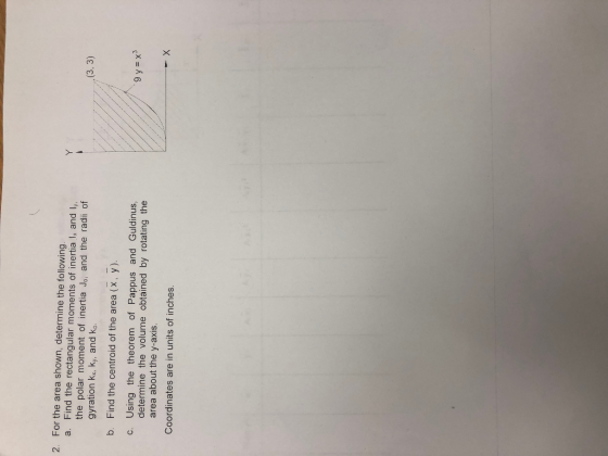 For the area shown, determine the following a. Find the rectangular moments of inertia I, and ly, 2. the polar moment of inertia Jo, and the radii of gyration Kx, Ky, and ko (3, 3) b. Find the centroid of the area (x, y) c. Using the theorem of Pappus and Guldinus determine the volume obtained by rotating the area about the y-axis Coordinates are in units of inches